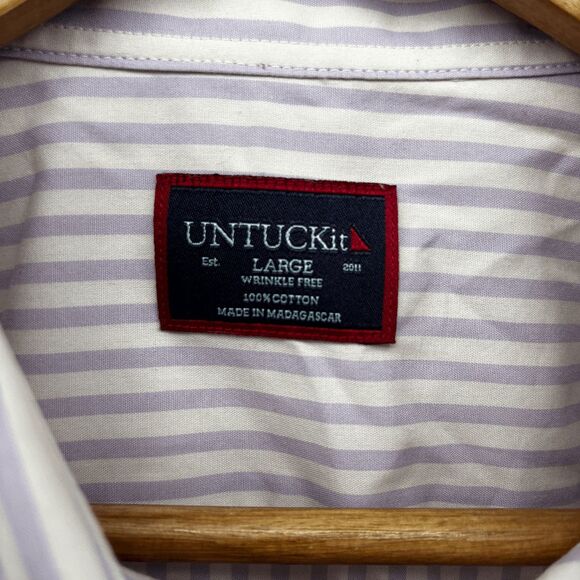 Untuckit Shirt Men's L White Purple Stripe Style Franz Cotton Button Up EUC - Picture 3 of 6